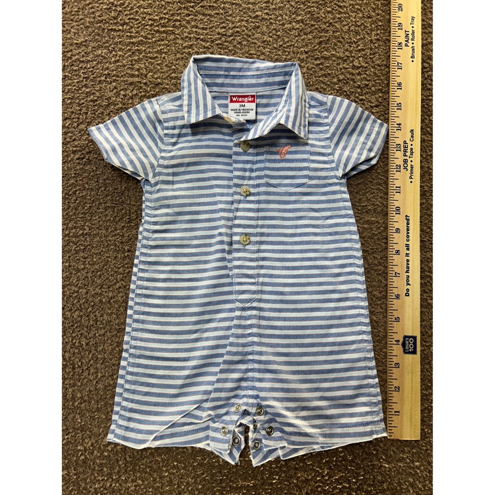 Wrangler Baby Boys Blue White Striped Short Sleeve Romper 3M Horse Logo Western